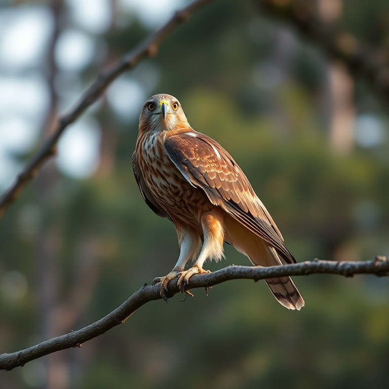 Regenerate a high-resolution image of a hawk perched on a branch with a blurred forest background, using a DSLR camera, 200mm lens, aperture f/2.8, ISO 400, shutter speed 1/500s, natural lighting, and shallow depth of field.