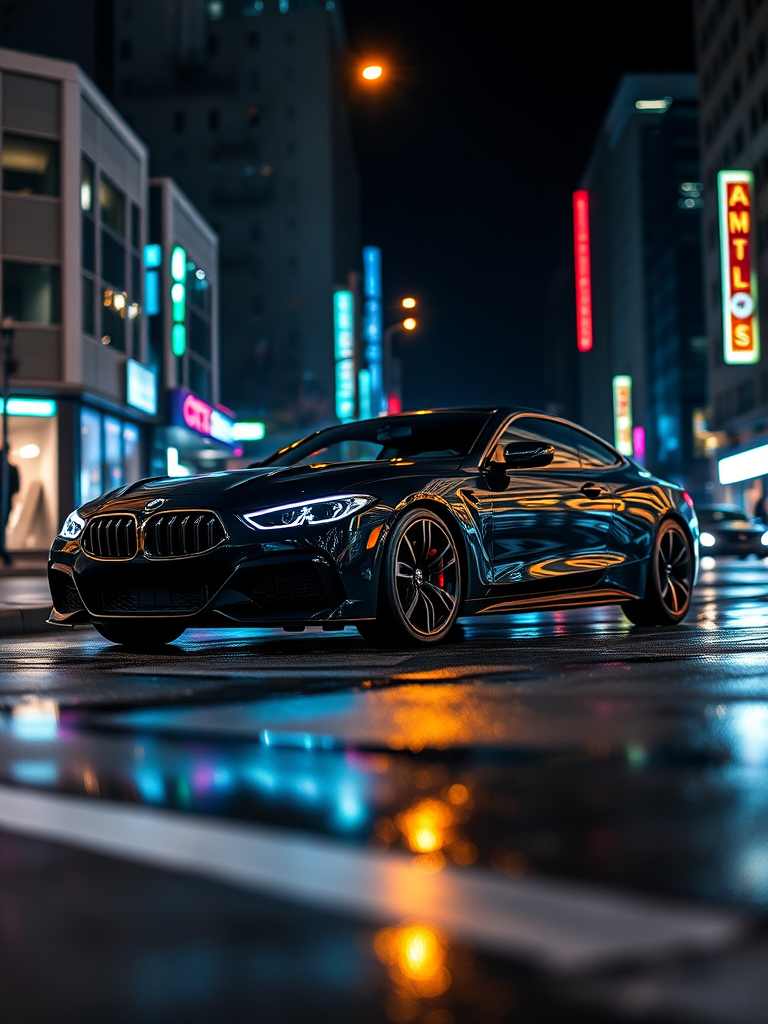 Create a high-resolution image of a sleek black car parked on a city street at night with neon lights reflecting on the wet pavement, taken with a DSLR camera at 24mm, f/2.8, ISO 800, using a shallow depth of field and capturing vivid colors for enhanced quality.