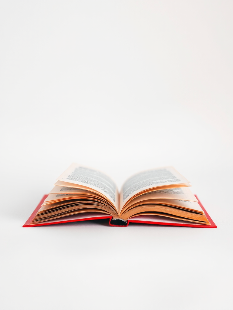 Create an image of a red open book against a plain white background, shot with a DSLR camera at f/2.8 aperture, 1/125s shutter speed, and ISO 100, using a macro lens for detailed texture and a soft focus effect.