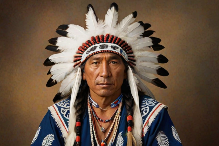 Create a dignified portrait of a Native American man dressed in traditional attire. He wears a beautifully crafted headdress adorned with white feathers and red beads, along with a beaded headband featuring intricate patterns. His clothing includes a deep blue, patterned shirt and a traditional chest piece with detailed beadwork. His arms are crossed, displaying leather armbands decorated with feathers. The background is simple and neutral, emphasizing his proud and stoic expression. The overall image captures the rich cultural heritage and strength of his persona.