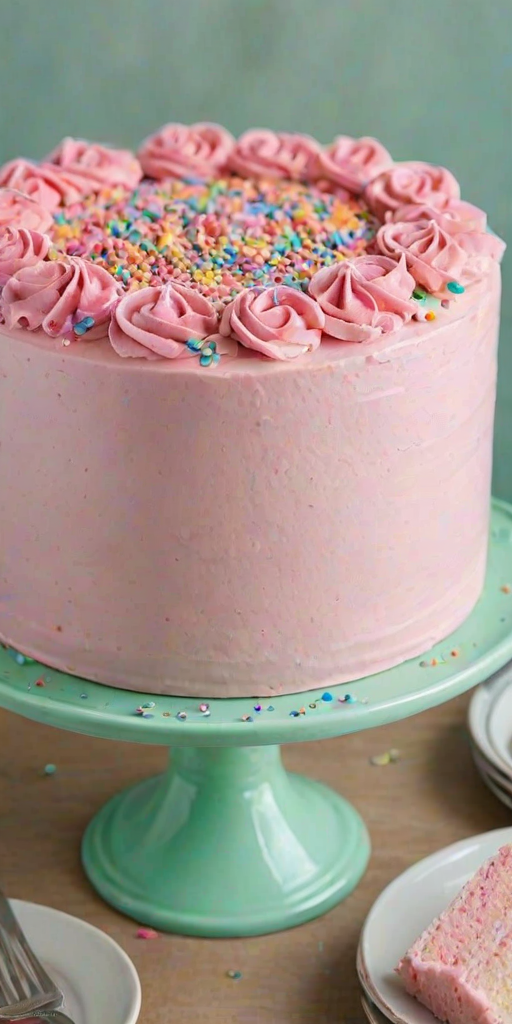 Create an image of a round cake with smooth pink frosting. The cake should have a decorative border of pink frosting rosettes on top, with colorful sprinkles scattered around the edge. Place the cake on a mint green cake stand, and set it against a simple, neutral background.