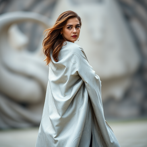 A woman in a flowing silver and white cloak with intricate patterns, standing in a three-quarter view, soft focus background, captured with a DSLR camera at f/2.8, ISO 100, 35mm lens, natural light, portrait mode.
