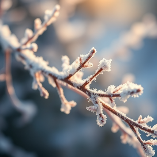 Capture a close-up of frost-covered branches glistening in sunlight with a shallow depth of field, ISO 100, aperture f/2.8, 1/500s shutter speed, using a macro lens on a DSLR camera to enhance detail and clarity.