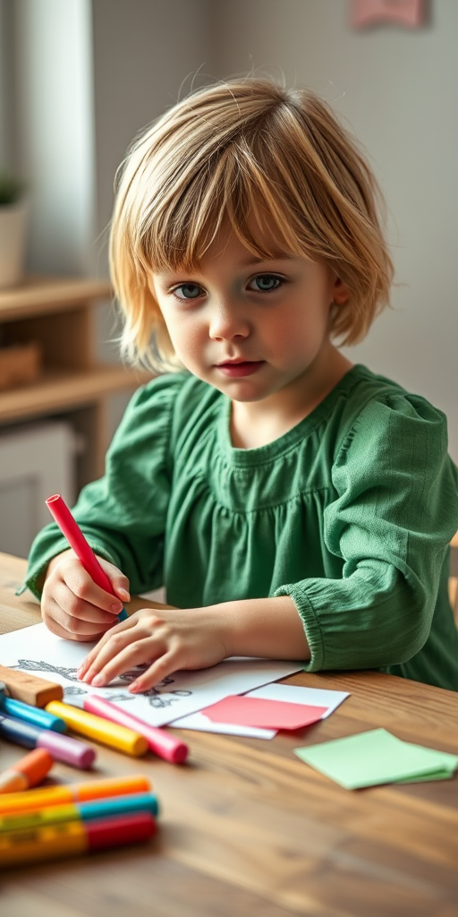 a young girl with short blonde hair in a green dress sitting at a wooden table crafting with colored paper and markers, soft natural lighting, close-up view, DSLR camera, f/2.8 aperture, ISO 200, 50mm lens