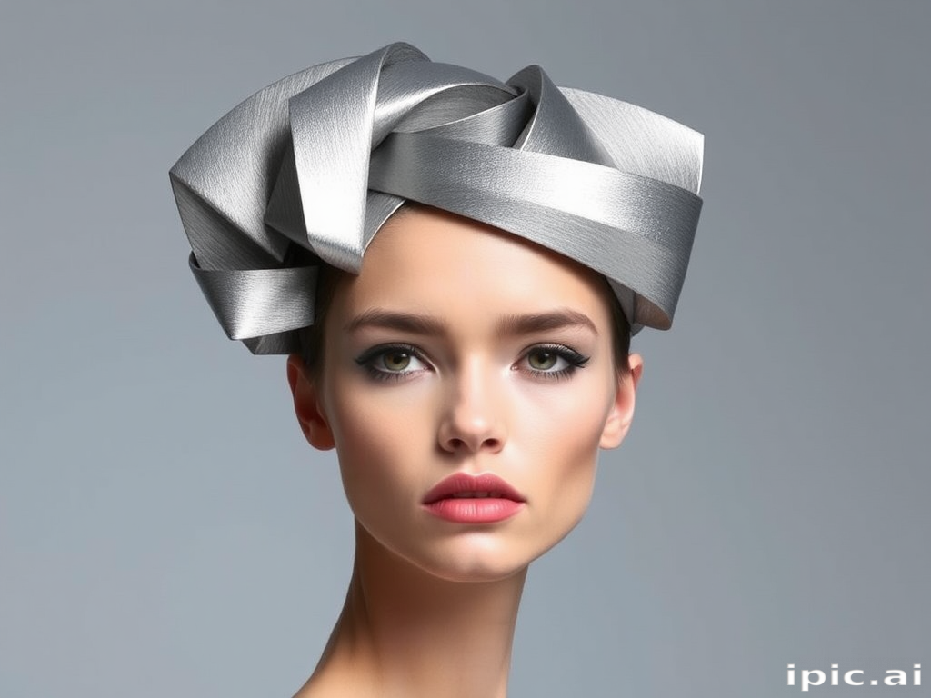 Avant-garde model showcasing an architectural updo with geometric shapes and angles, colored in a striking metallic silver