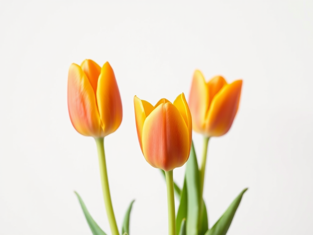 photograph three tulips in bright orange and yellow colors against a white background, macro lens, f/2.8 aperture, 1/200s shutter speed, ISO 100, soft natural lighting, DSLR camera, focus on the flowers with a shallow depth of field