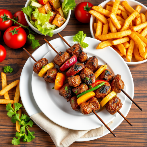 a vibrant food photography of grilled meat skewers with colorful vegetables served on a white plate with a side of golden French fries, fresh lettuce in a bowl and ripe tomatoes in the background, captured with a Canon EOS R5, 50mm lens, f/2.8 aperture, ISO 200, soft natural lighting for a warm feel, shot from a top-down angle to emphasize the dish's details
