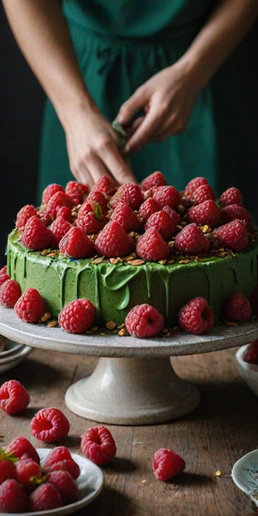 Generate an image of a beautifully decorated cake being topped with fresh raspberries. The cake should have a textured green exterior, possibly made of crushed nuts, and be set on a rustic table with soft lighting. Include a person's hands carefully placing the raspberries on top. Surround the cake with a few scattered raspberries and a simple plate nearby. The background should be dark and moody, enhancing the focus on the cake and the vibrant red of the raspberries.