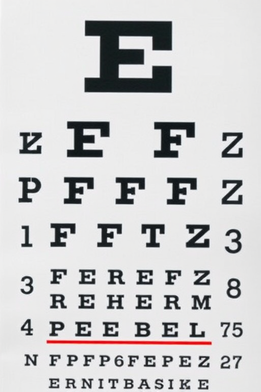 Create a high-resolution image of an eye chart with varying letters and sizes, using a DSLR camera set to 50mm lens, aperture f/4, shutter speed 1/60 sec, ISO 100, front view, in natural lighting for optimal clarity and sharpness.