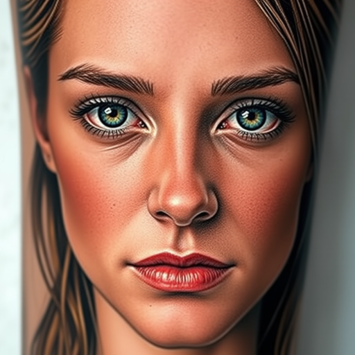 Photorealistic color portrait tattoo named "Timeless Gaze" depicting a lifelike human face with incredible attention to detail in skin texture hair strands and subtle facial features using a soft color palette and advanced shading techniques to create a three-dimensional effect that appears to emerge from the skin with hyper-realistic eyes that seem to follow the viewer