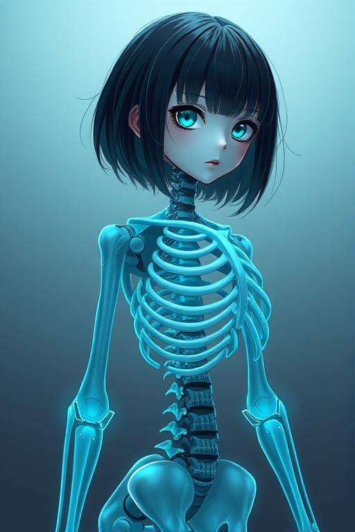 masterpiece, newest, masterpiece, best quality, amazing quality, very aesthetic, absurdres, 1girl, android, aqua eyes, black hair, bone, glowing, gradient background, looking at viewer, mechabare, mechanical spine, medium hair, ribs, robot, science fiction, see-through body, skeletal body, slime solo, spine, translucent, transparent, scars,