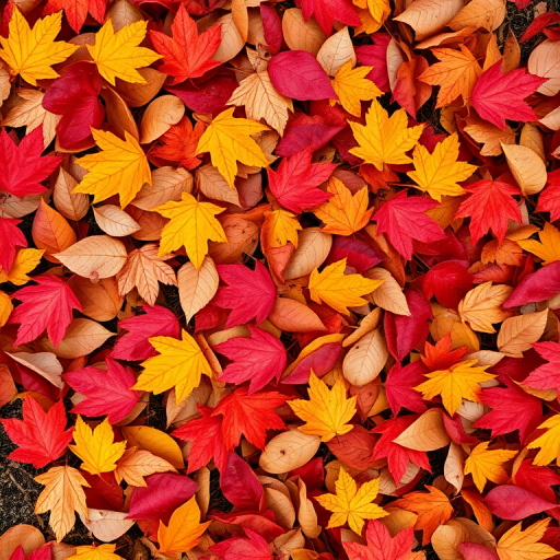 autumn leaves on the ground in vibrant red and yellow colors, captured from a top-down view, using a Canon EOS R5 with 50mm lens, f/1.8 aperture, ISO 100, 1/125s shutter speed, natural lighting for enhanced color saturation and detail