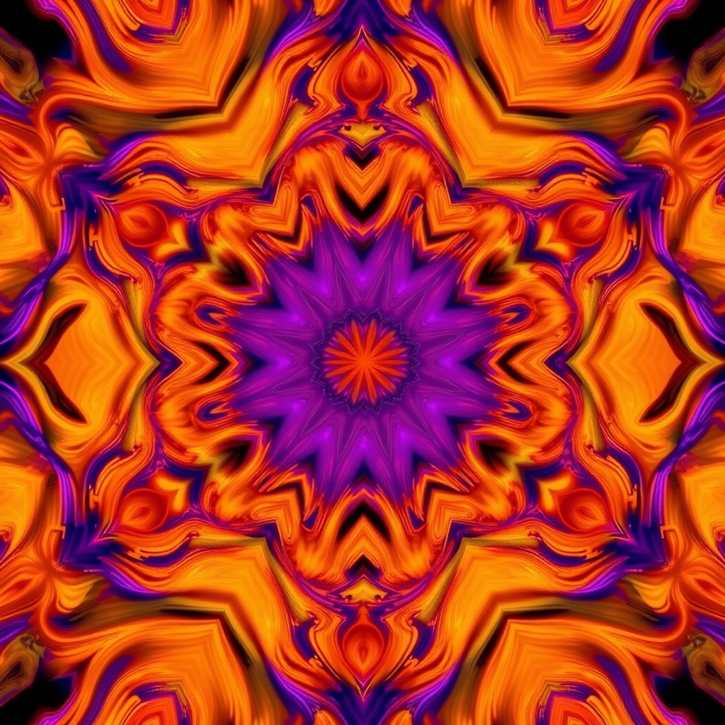 create a high-resolution fractal art piece featuring intricate swirling patterns and vibrant colors of orange and purple, shot with a Canon EOS 5D Mark IV at f/8, ISO 100, and a shutter speed of 1/125s from a symmetrical perspective, using a macro lens to capture fine details and enhance image sharpness.
