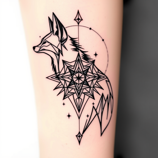 Geometric animal tattoo dubbed "Sacred Fox" combining sharp angular lines and shapes to form a stylized representation of a fox infused with spiritual and mystical symbolism