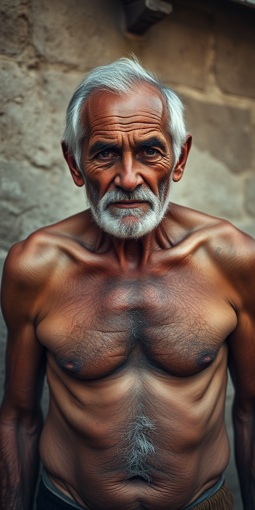 shirtless old man
