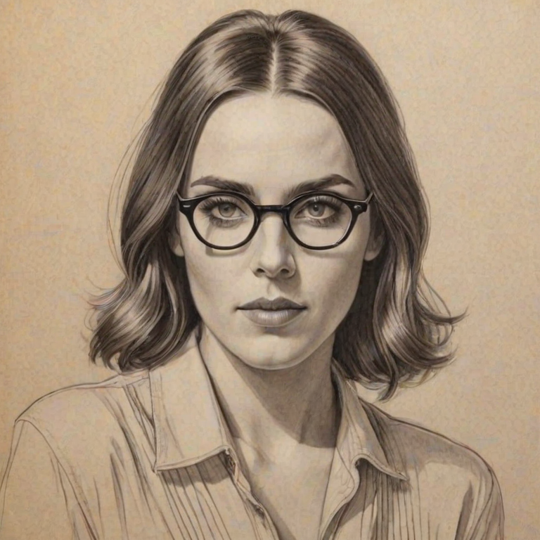 Ravishing Mel C, pencil sketch, portrait of Alluring woman 1927s in glasses, hair style beatnik, outline, clear lines, fine lines, 8k