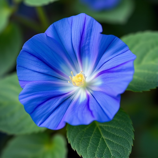 Create a high-resolution illustration of a blue morning glory flower with detailed leaves, shot using a macro lens at f/2.8, with a focus on vibrant colors and texture, utilizing a DSLR camera placed at eye level for a clear and sharp composition.