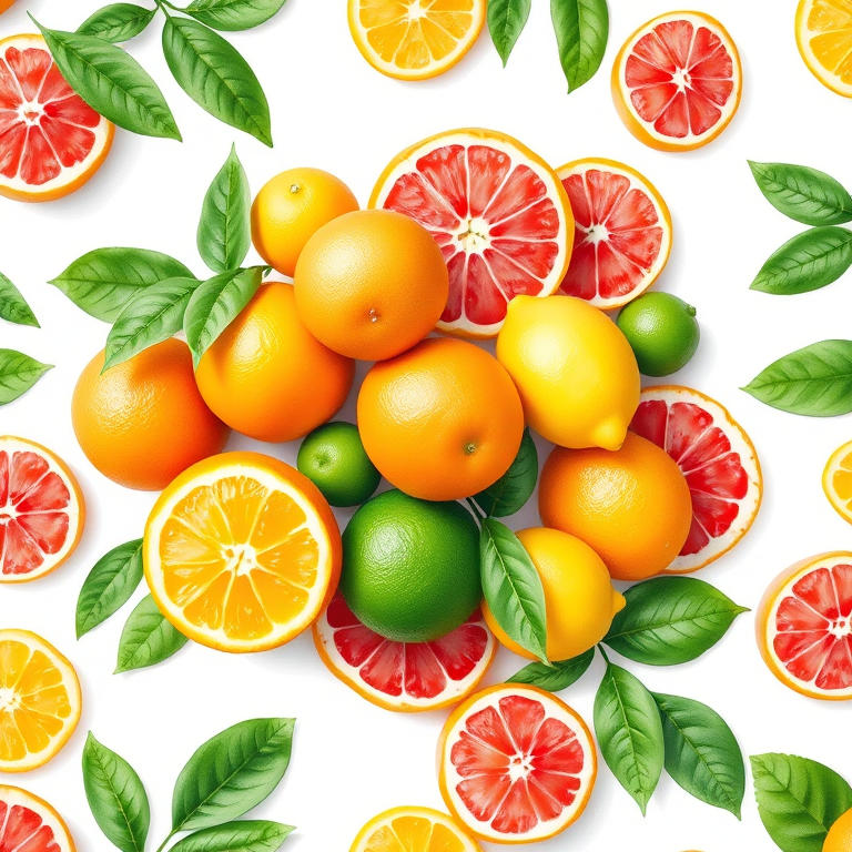 generate a vibrant watercolor pattern of assorted citrus fruits including oranges, lemons, limes, and grapefruits with lush green leaves on a white background, shot with a Canon EOS R5 at f/8, 1/125 sec, ISO 100, using a macro lens for fine detail and vibrant colors.