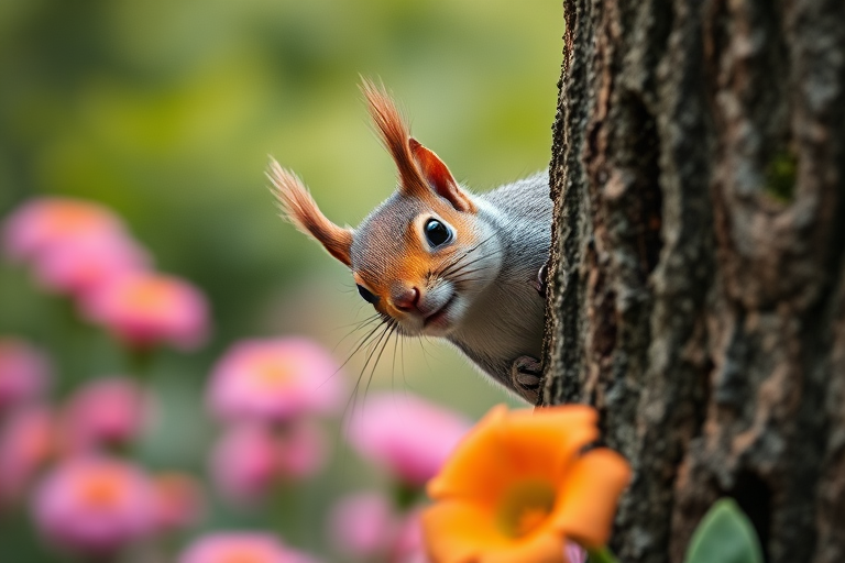 Create a hyper-realistic image of an adorable squirrel peeking from behind a tree, with vibrant flowers in the background, using a Canon EOS R5, 50mm f/1.2 lens, aperture set to f/2.8, ISO 100, and a soft bokeh effect.