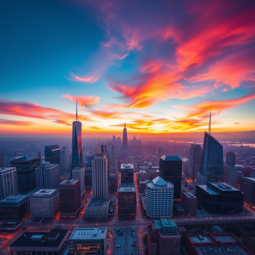 Generate an image of a modern city skyline at sunset with vibrant colors, DSLR camera settings: aperture f/8, shutter speed 1/125s, ISO 200, 24mm lens, panoramic view, high dynamic range imaging, shot in landscape orientation.