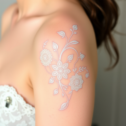 Ethereal white ink tattoo showcasing delicate lace patterns and intricate floral designs, visible as a subtle raised texture on the skin for a elegant and understated look