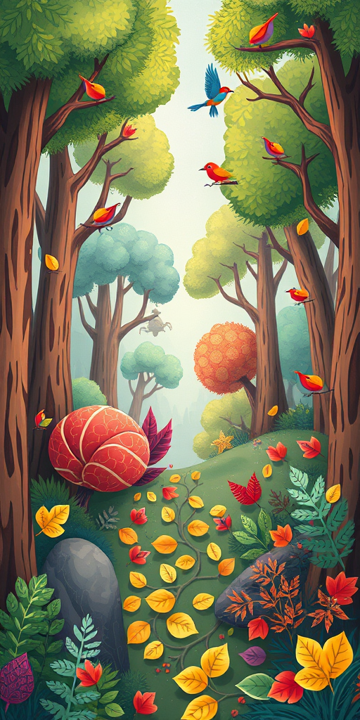 Create a vibrant cartoon-style illustration of various trees, colorful birds, and leaves in a whimsical forest setting, using a digital camera with a focal length of 50mm, aperture set to f/8, ISO 100, top-down view, and high saturation for enhanced color quality.