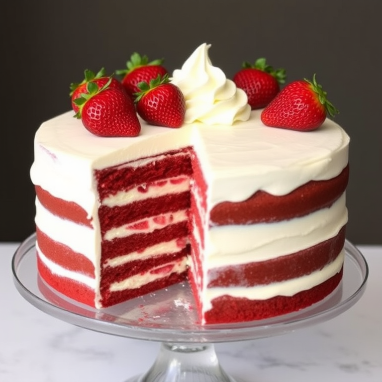 A beautifully decorated cake with layers of red velvet and white cream filling, topped with fresh strawberries and a swirl of whipped cream, displayed on an elegant cake stand with a slice removed showcasing the layers inside.