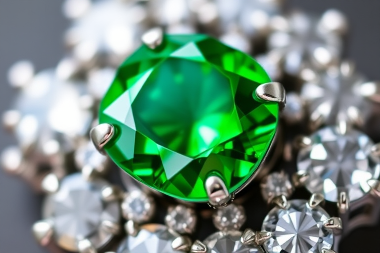 Capture a detailed close-up of a green gemstone pendant surrounded by diamonds, using a DSLR camera with a 50mm lens, aperture set to f/2.8 for shallow depth of field, ISO 100 for minimum noise, and a soft diffused lighting setup to enhance reflections and textures.