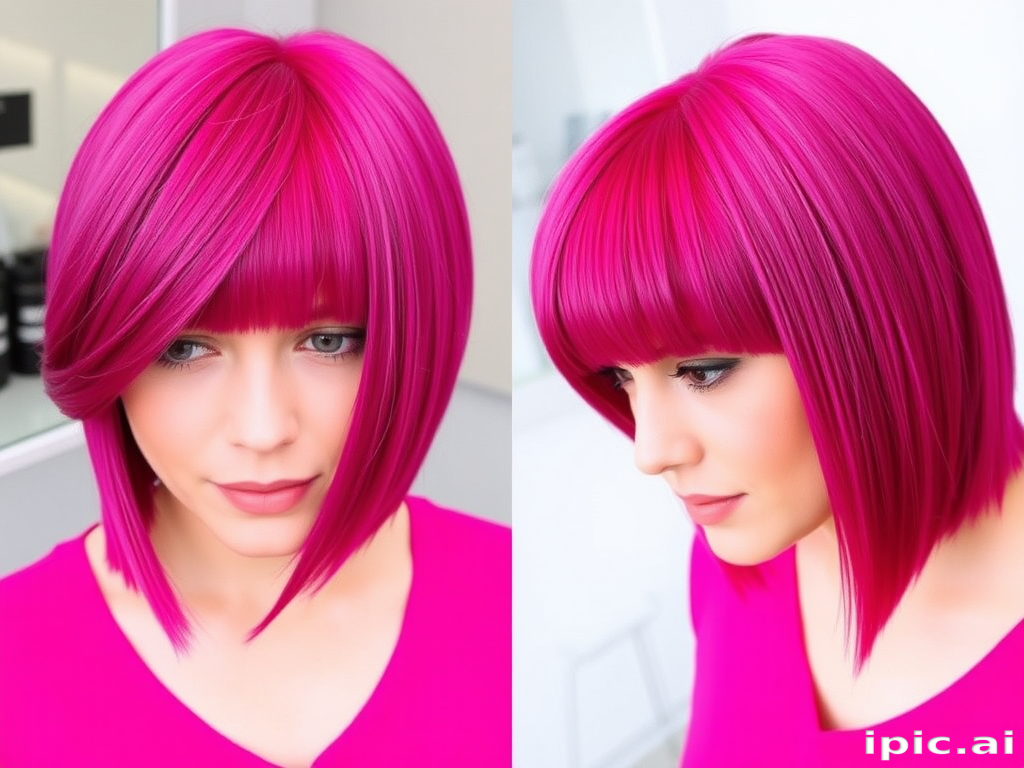 Vibrant magenta hair forms the base of the bold "Electric Orchid" style. The shoulder-length cut features blunt ends and a full, side-swept fringe. The hair is styled straight and sleek, with a high-shine finish that makes the color pop. Subtle violet undertones add depth and dimension to this striking, confident look.