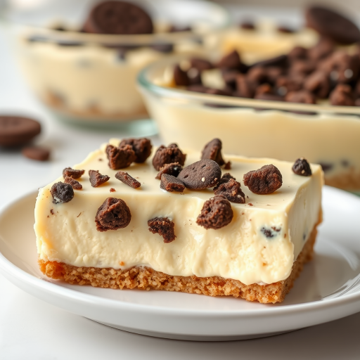 Create an image of a creamy dessert with a graham cracker crust topped with crushed cookies on a white plate. The dessert should have a smooth, pale yellow filling, and the background should show a slightly blurred view of more dessert in a glass dish. The lighting should be bright and inviting, emphasizing the texture of the crust and the creamy filling.