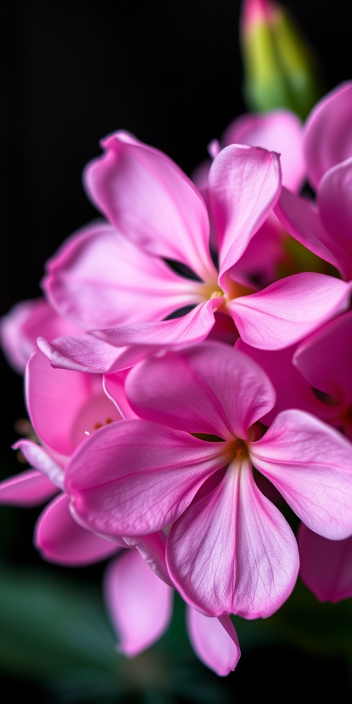 A close-up shot of pink flowers with soft petals, 50mm lens, f/2.8 aperture, ISO 100, natural light, shallow depth of field, DSLR camera, vibrant colors against a dark background.