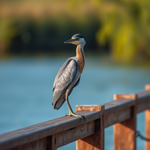 Black-crowned night heron perched on a wooden railing by a serene water surface, natural lighting, Canon EOS R5, 85mm lens, f/4 aperture, ISO 200, soft focus background, detailed feathers, vibrant colors.