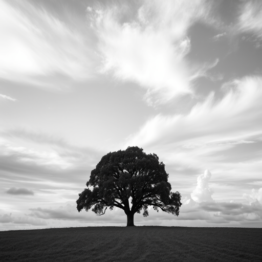 Regenerate a black and white image of a solitary tree on a horizon under a dynamic sky with clouds, captured with a Canon EOS R5 at f/8, ISO 100, 1/200s, using a wide-angle lens for an expansive view and a low angle perspective to emphasize the tree against the sky.