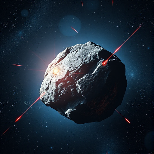 Create a hyper-realistic image of a massive, jagged asteroid bursting with light against a cosmic background filled with stars and nebulae, captured with a Canon EOS R5 camera, 24mm lens, f/2.8 aperture, 1/125 sec shutter speed, ISO 100, in a dramatic wide-angle view to enhance depth and detail.