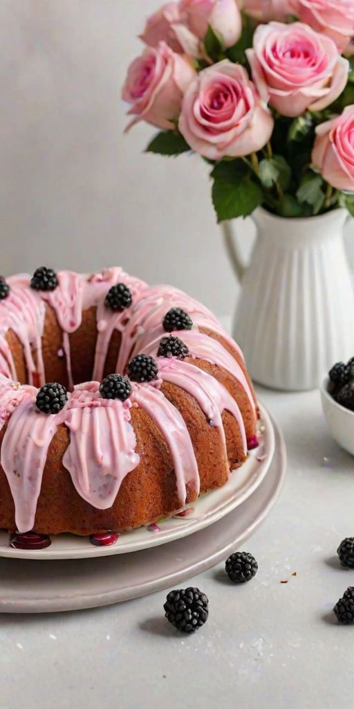 Create an image of a beautifully decorated bundt cake on a white plate. The cake should have a pink icing drizzle and be topped with fresh blackberries. Surround the cake with a few blackberries scattered on the plate and a small bouquet of pink roses in a white vase in the background. The setting should be bright and airy, with a clean and simple aesthetic.