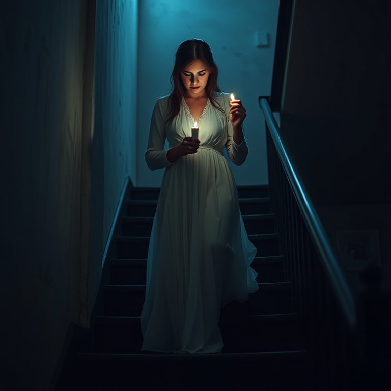 create an ethereal image of a ghostly woman in a vintage white dress holding a candle while ascending dimly lit stairs, captured with a Canon EOS R5, 50mm lens, f/1.8 aperture, ISO 200, 1/60s shutter speed, soft focus, low light ambiance, and a slightly blurred background for a mysterious effect