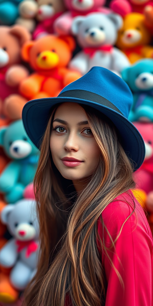 portrait of a woman with long hair wearing a blue hat against a vibrant background of colorful teddy bears, shallow depth of field, ISO 100, f/1.8, 50mm lens, natural lighting, DSLR camera, vibrant colors, high resolution
