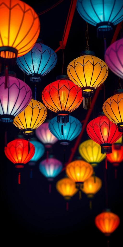 Create a digital illustration of vibrant hanging lanterns in diamond shapes with a dark background, using high resolution, 50mm lens, f/4 aperture, ISO 100, and a soft-focus style.