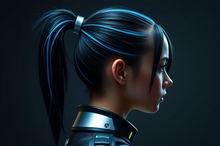Jet black hair styled in a sleek, high ponytail with electric blue streaks running through it, secured with a futuristic silver cuff for a striking cyberpunk aesthetic called Nightrider Bolt