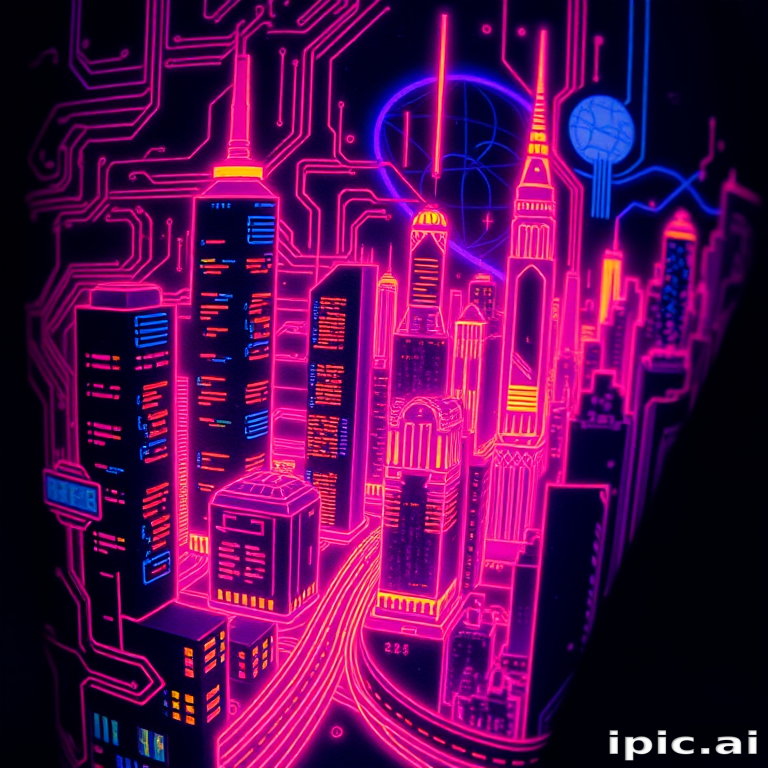Cyberpunk neon tattoo depicting a futuristic cityscape with glowing circuit board patterns, rendered in vibrant fluorescent inks for a mesmerizing effect under blacklight