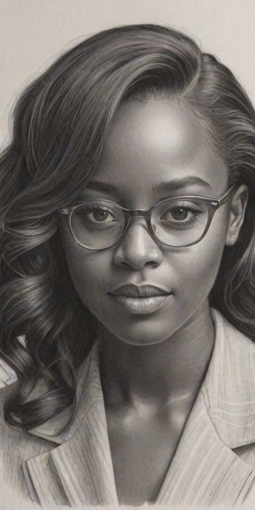 Lovely Aja Naomi King, pencil sketch, portrait of Dazzling woman 1941s in glasses, hair style beatnik, outline, clear lines, fine lines, 8k