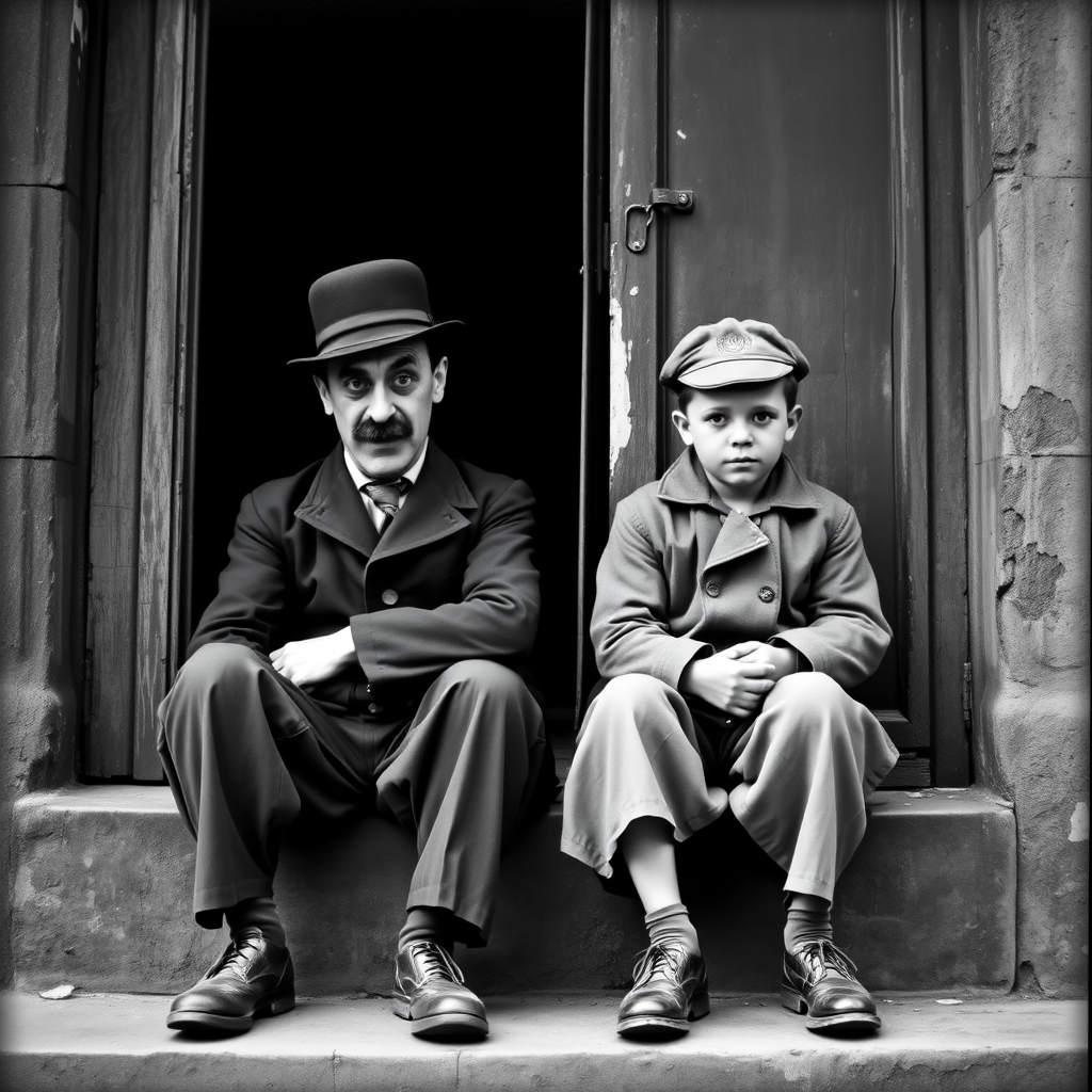 A black-and-white photograph of a man and a child sitting on steps in front of a doorway. The man is dressed as a tramp with a bowler hat, mustache, and ragged clothes, reminiscent of Charlie Chaplin's iconic look. He is sitting with his arms crossed and an expression of slight sadness or frustration. Next to him is a young boy, also in worn clothes and a cap, sitting with his hands clasped, looking thoughtful. The background is an old, textured wall and a partially open door, creating a vintage, early 20th-century atmosphere.