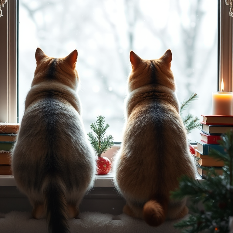 Create a cozy winter scene featuring two cats with their backs to the viewer, sitting on a windowsill, gazing at snowflakes falling outside, decorated with a small Christmas tree, stacked books, and a lit candle, captured with a DSLR camera at f/2.8, ISO 200, 50mm lens, natural light, focusing on the cats in a shallow depth of field.