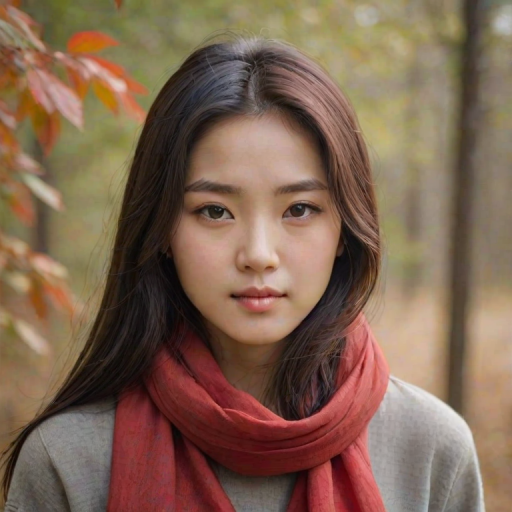 Create a portrait of a young Korean woman with long, dark hair and captivating hazel eyes. She is wearing a red headscarf and a matching scarf draped gracefully around her neck. The background is softly blurred, focusing attention on her serene and natural expression. The overall color palette is muted and warm, enhancing the intimate and authentic feel of the portrait.