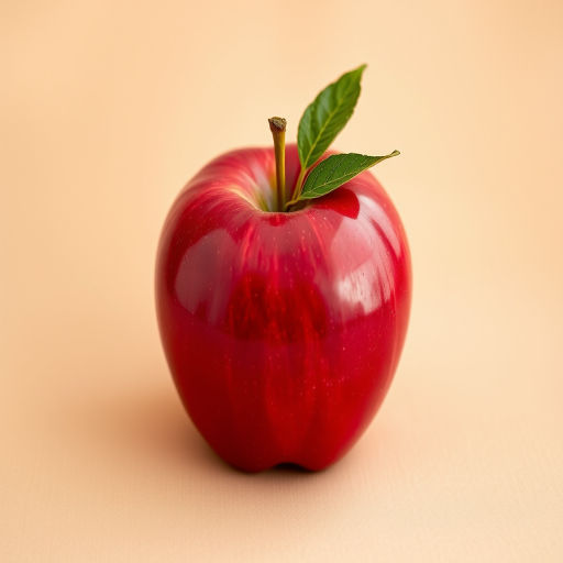 Create a high-resolution image of a shiny red apple with a green leaf, centered on a soft beige background, using a DSLR camera with a 50mm lens, aperture f/2.8, ISO 100, and natural light for enhanced clarity and vibrancy.