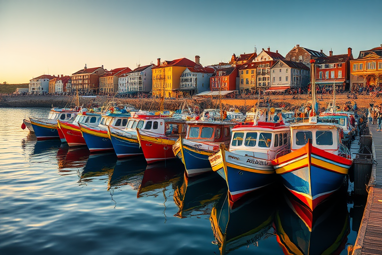 Capture a vibrant coastal harbor scene with colorful fishing boats moored along a wooden pier, reflecting in the water with a backdrop of charming buildings and a bustling crowd, using a DSLR camera with a 24-70mm lens, aperture f/8, shutter speed 1/250s, ISO 200, shot during golden hour for enhanced lighting and detail.