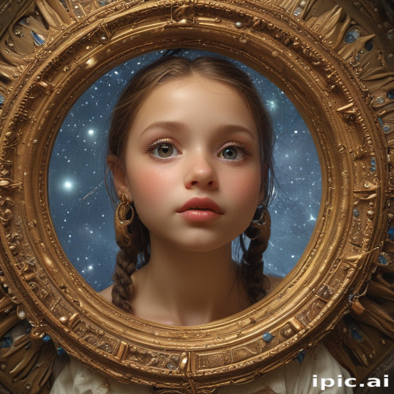 Enchanting Portrait of a Girl Framed by a Celestial Mirror