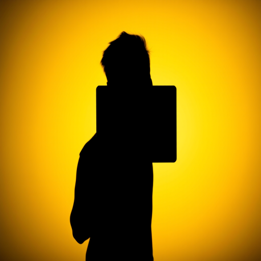 Create an image of a silhouette of a person holding a warning sign in front of a gradient yellow background, using a Canon EOS 5D Mark IV camera, 50mm lens, aperture f/2.8, ISO 100, and a shallow depth of field for enhanced focus on the subject.