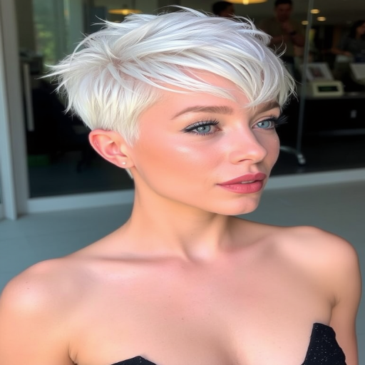 Striking platinum blonde pixie cut called "Frosted Stardust" features razor-sharp edges and textured layers, accented with holographic glitter for a futuristic celestial appearance