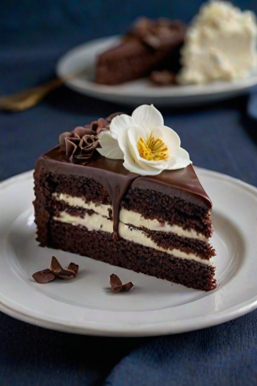 Create a realistic image of a slice of layered chocolate cake with white frosting. The cake should have visible layers filled with chocolate and crunchy elements, topped with white chocolate curls. Place the slice on a simple white plate against a dark blue fabric background. Include some decorative elements like small edible flowers around the plate.